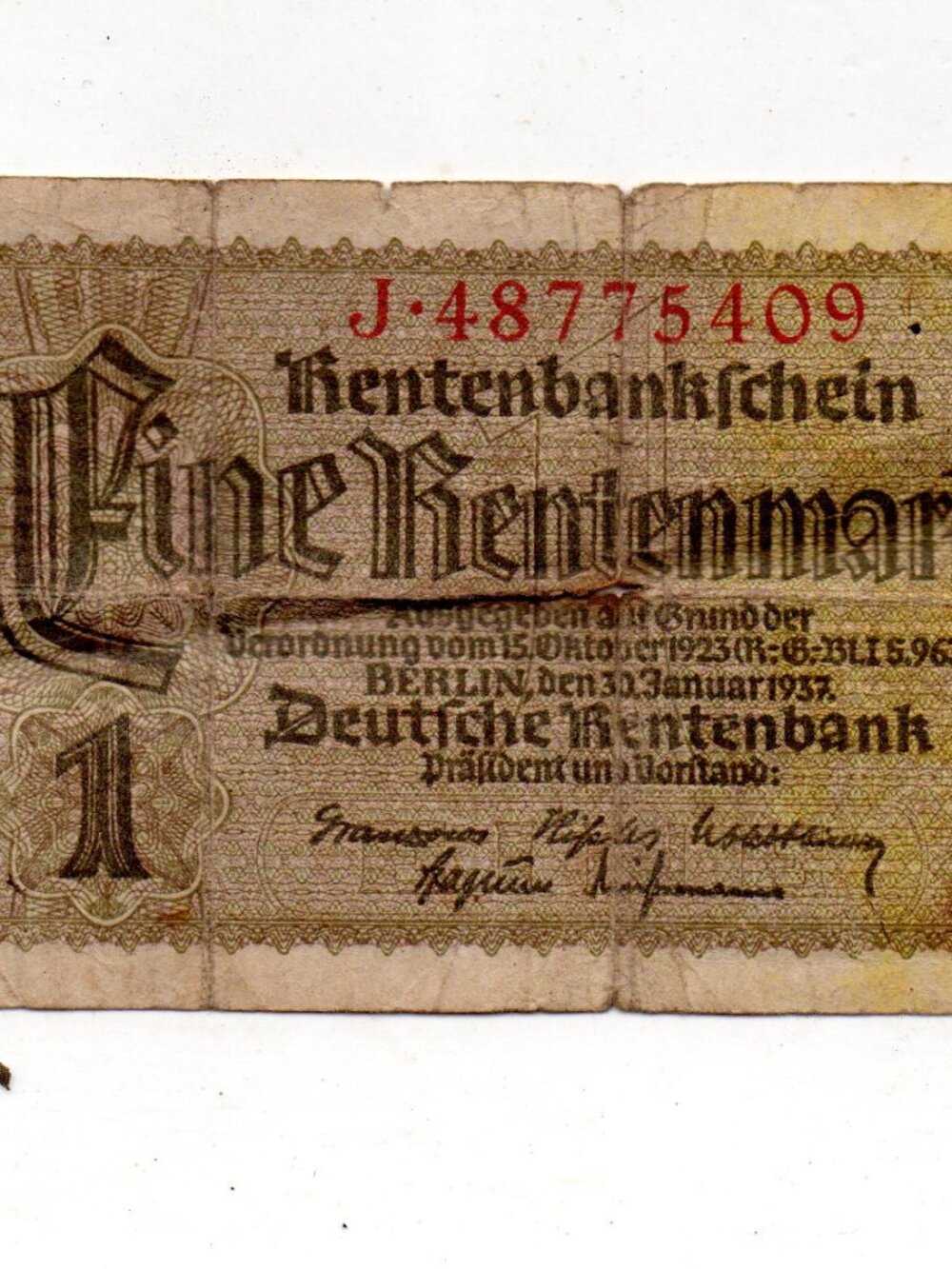 1937 German Rentenmark 1 Eine Mark Note Deutsche Berlin Pre WW2 1937 Beige